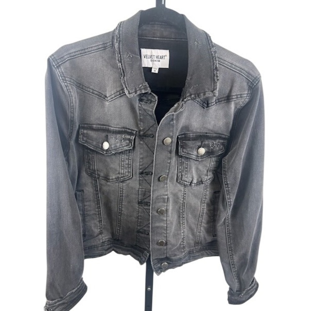Velvet Heart Denim Jean Jacket Women's Size Medium Gray Black Distressed Western